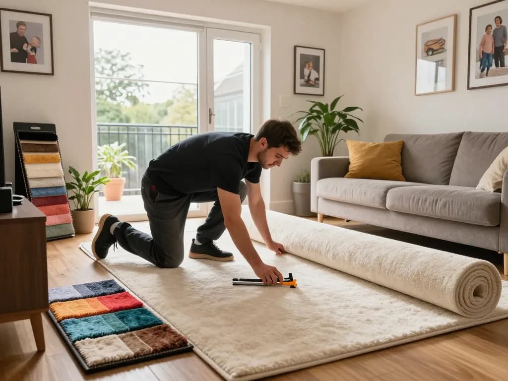 Expert carpet fitting services West London in a cozy living room with vibrant samples.