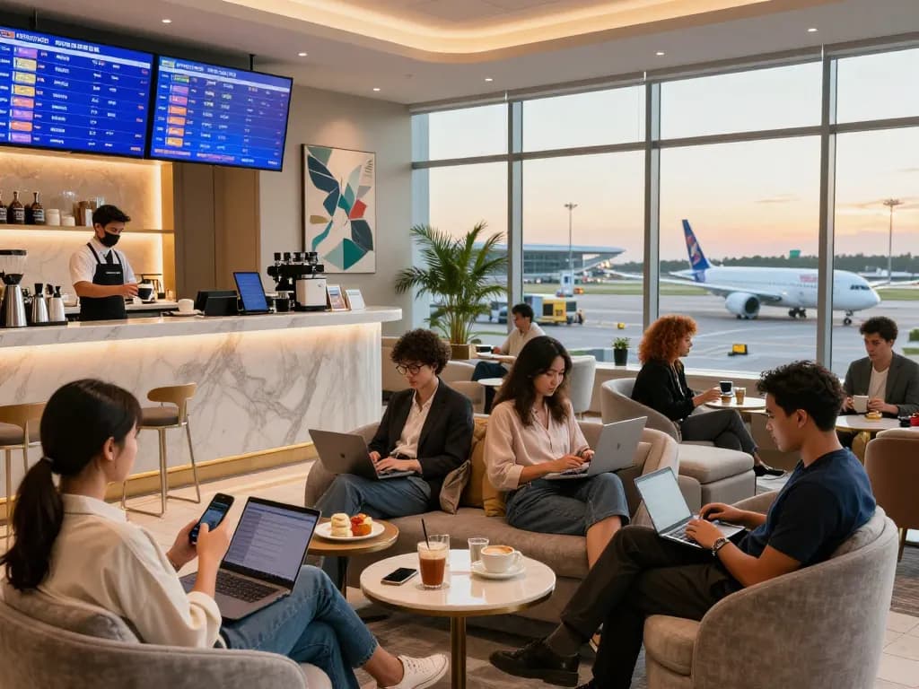 Relaxing travelers in an upscale airport lounge showcasing link 789P experience with luxury amenities.