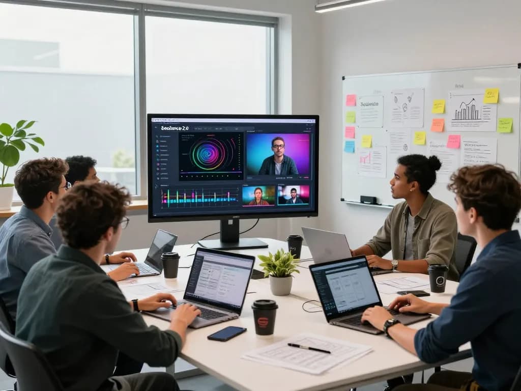 Team collaborating on Seedance 2.0 AI video production in modern office