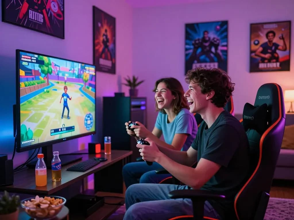 Friends enjoying porn games together in a vibrant gaming room.