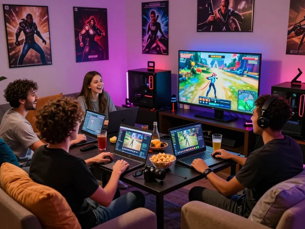 Engaged friends playing popular porn games in a vibrant gaming setup.