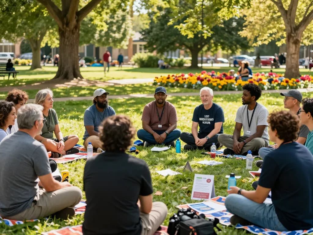 A supportive community event for men at a park, showcasing manclub members sharing experiences and promoting mental health awareness.