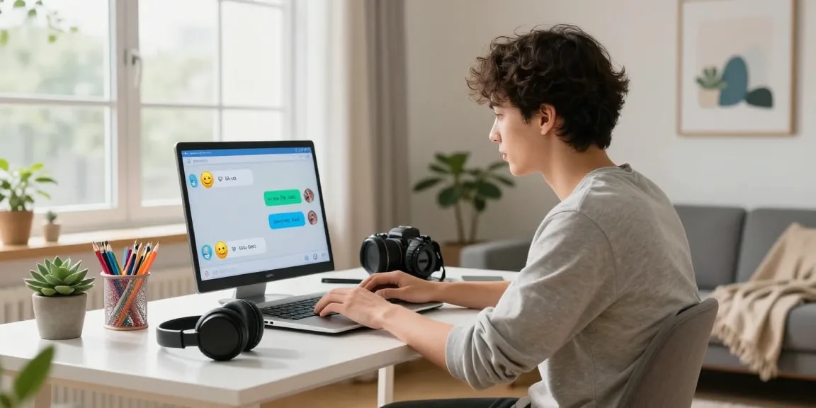 Engaging young adult in a modern home office using sex chat AI on a laptop, vibrant atmosphere.