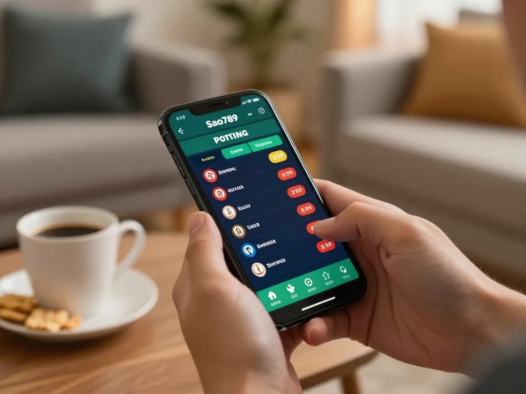 Sao789 user placing sports bets on a smartphone in a cozy home setting.