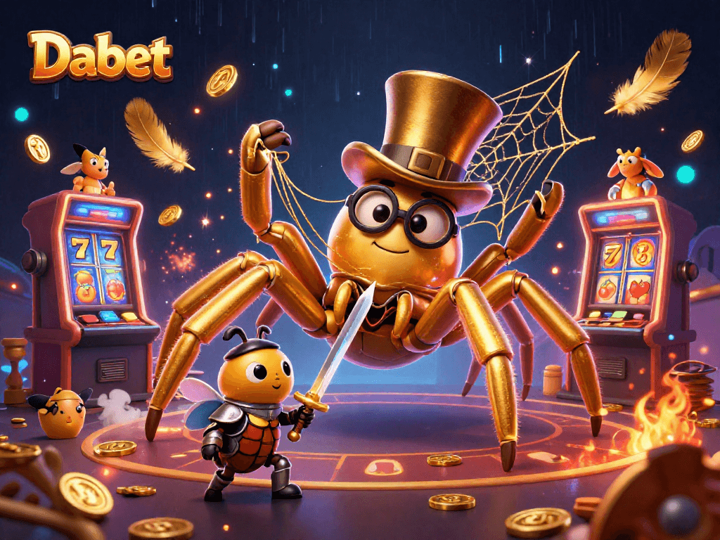 Dabet casino scene featuring a golden tarantula and a beetle knight ready for a thrilling slots adventure