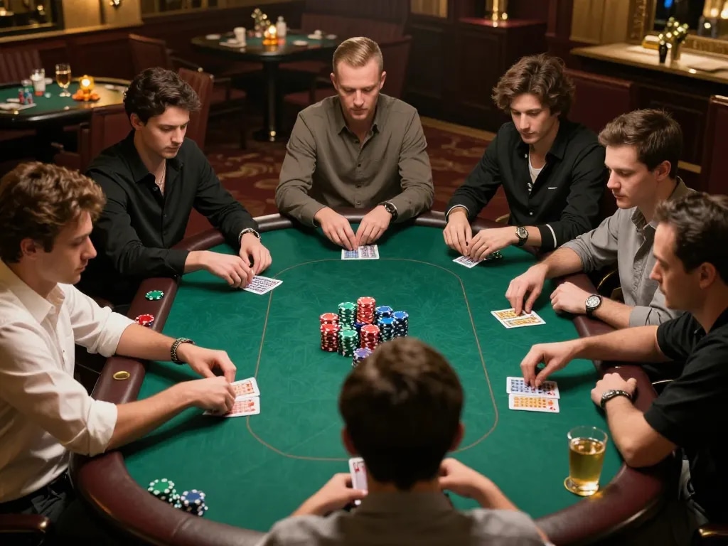 A competitive poker scene at 58win, showcasing players engaged in a high-stakes game with colorful chips and intense focus.