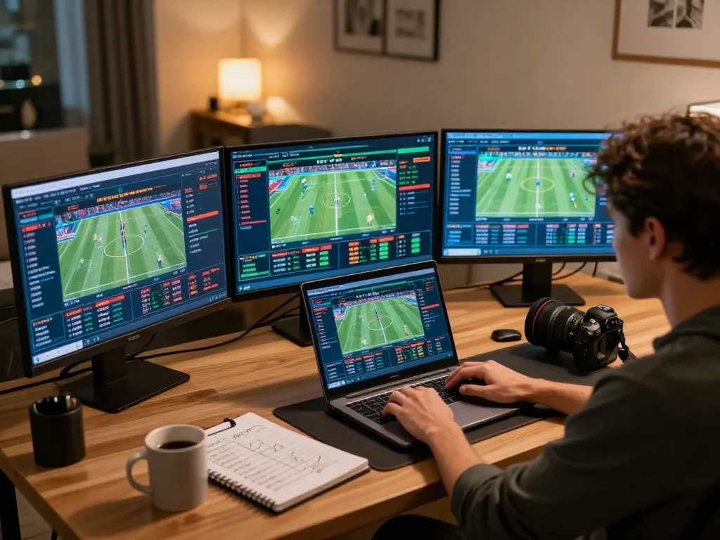 Tỷ lệ kèo nhà cái displayed on multiple screens during a live sports betting session.