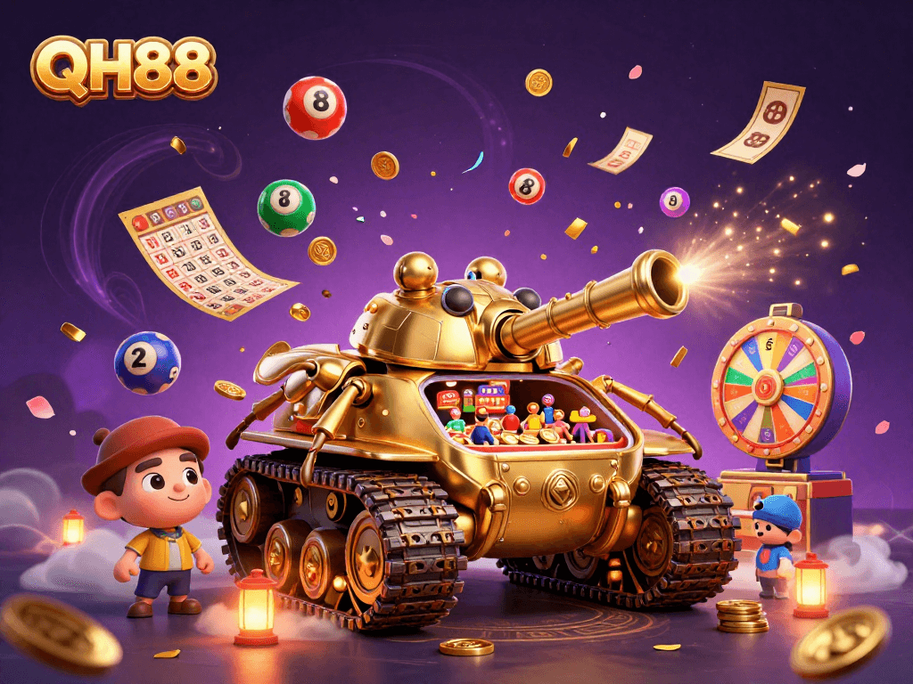 Experience QH88's vibrant casino adventure featuring a golden beetle tank amidst thrilling lottery elements.