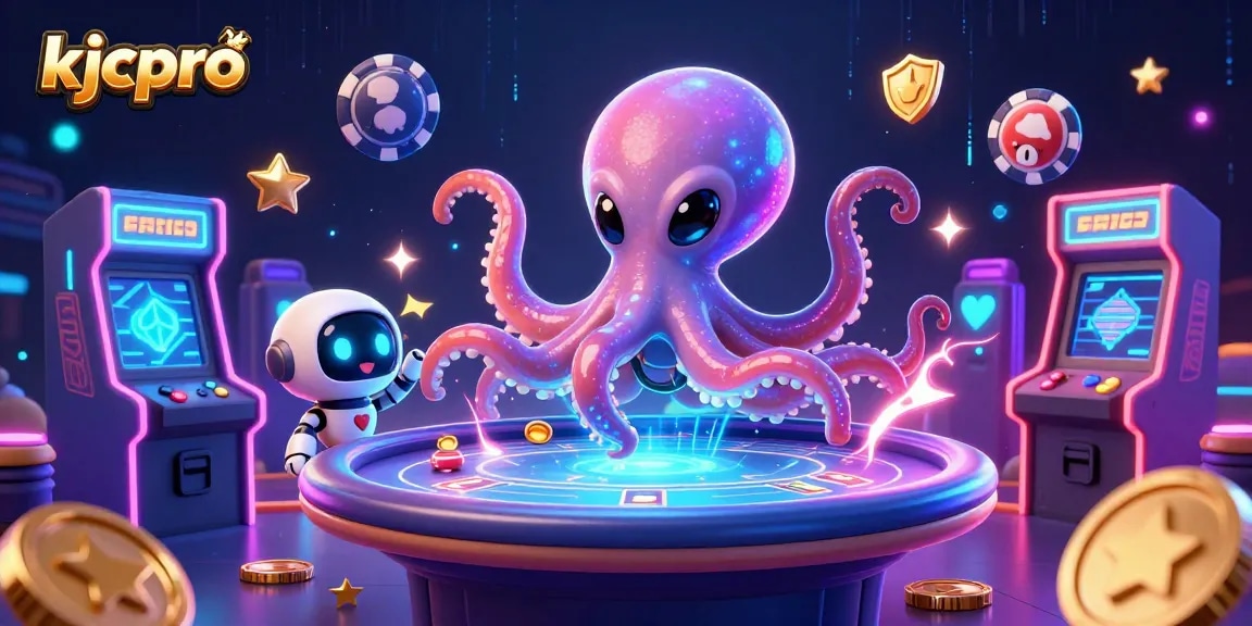 Engage in thrilling poker battles at kjcpro with an alien octopus dealer amidst vibrant gaming elements.