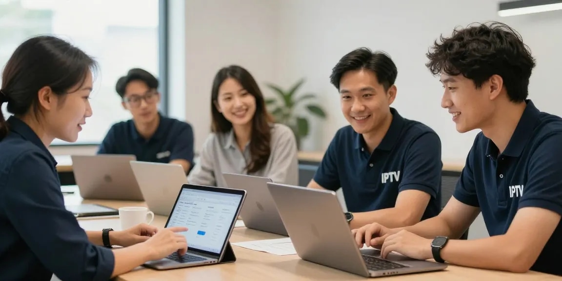 Premium IPTV Service provider team in office, trusted local streaming solutions, professional atmosphere.