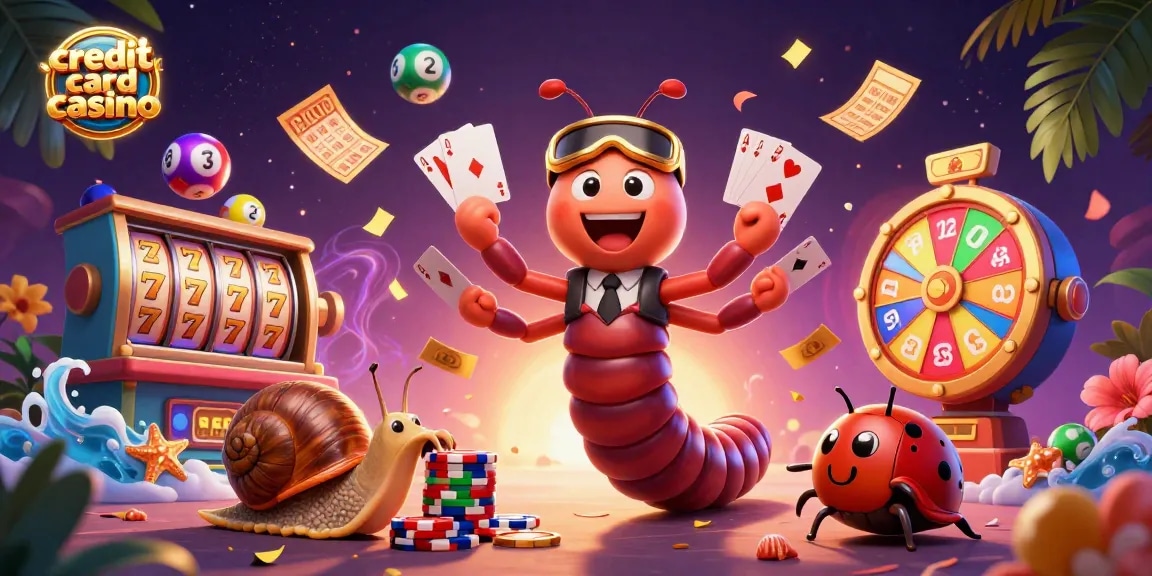 Engage at a vibrant credit card casino with animated players and spinning slot reels.