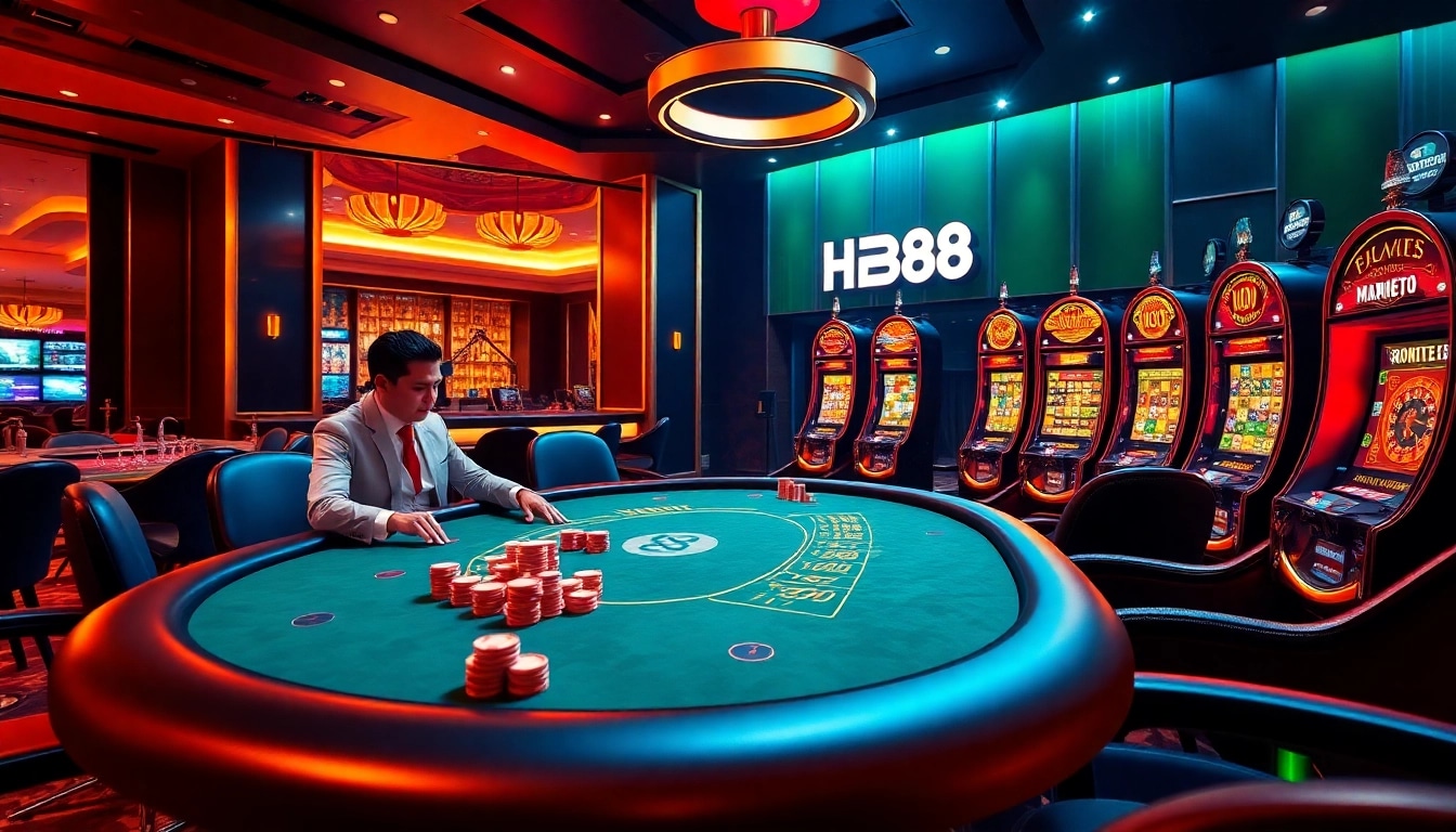 HB88 players enjoying a live poker game amidst a luxurious casino setting.