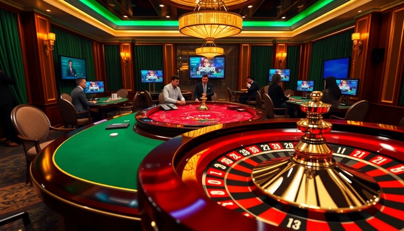 Experience thrilling gameplay at B52, featuring a luxurious gambling atmosphere with poker and roulette games.