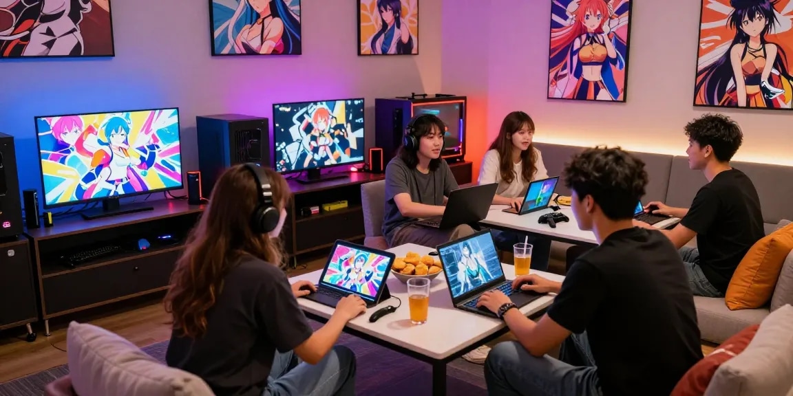 Friends enjoying free ecchi games in a vibrant gaming lounge with snacks and colorful visuals