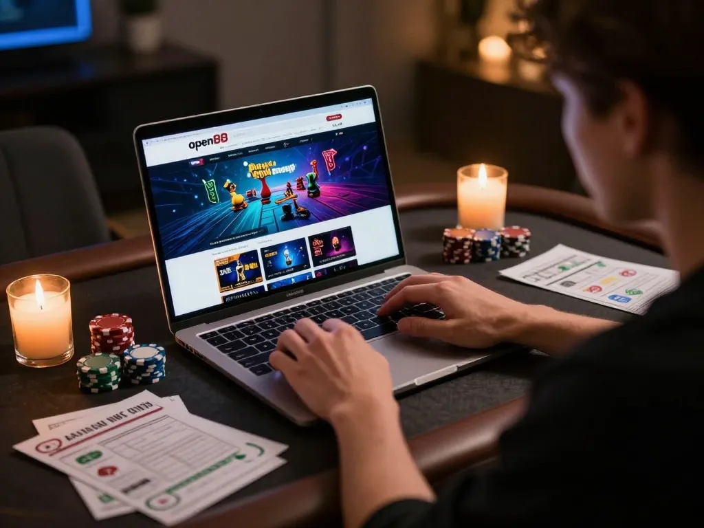 Play engaging games on open88 com with a user enjoying a laptop setup in a cozy atmosphere.