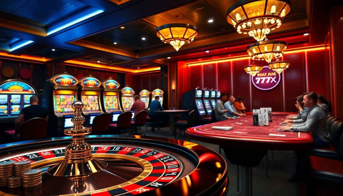 Players engaging at a luxurious casino table at 777X, featuring roulette and poker action.
