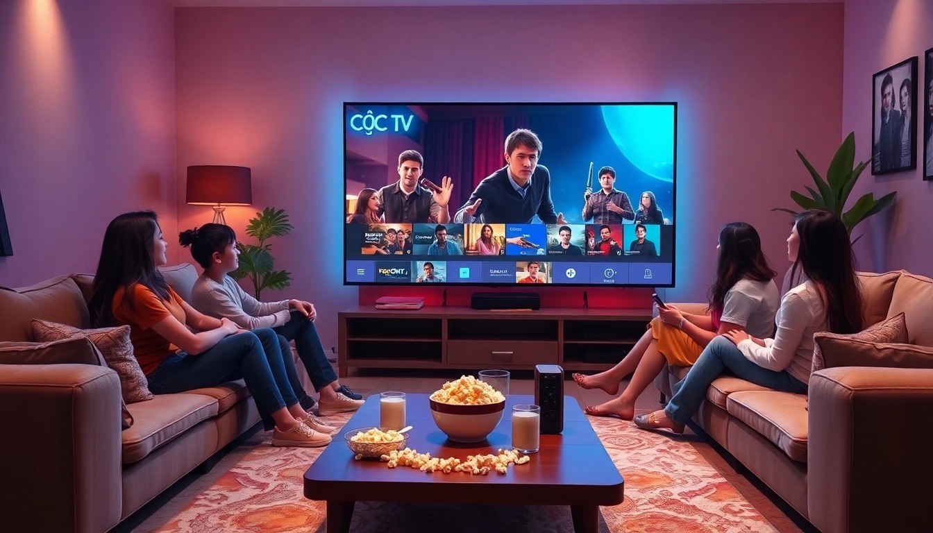 Nắng Cực TV streaming experience in a cozy living room with viewers enjoying a movie.
