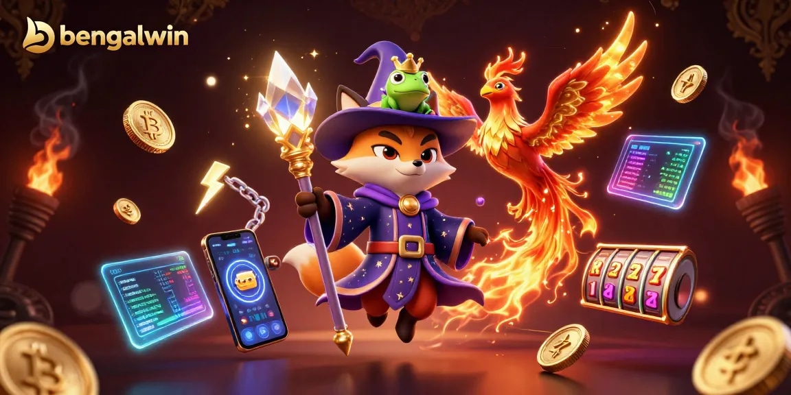 Bengalwin offers a thrilling immersive gaming experience with a mystical wizard and phoenix in a vibrant casino world.
