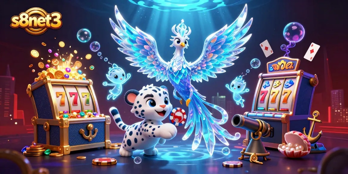 Experience thrilling gaming action with s8net3 as the ice phoenix dazzles around slot machines and treasure.