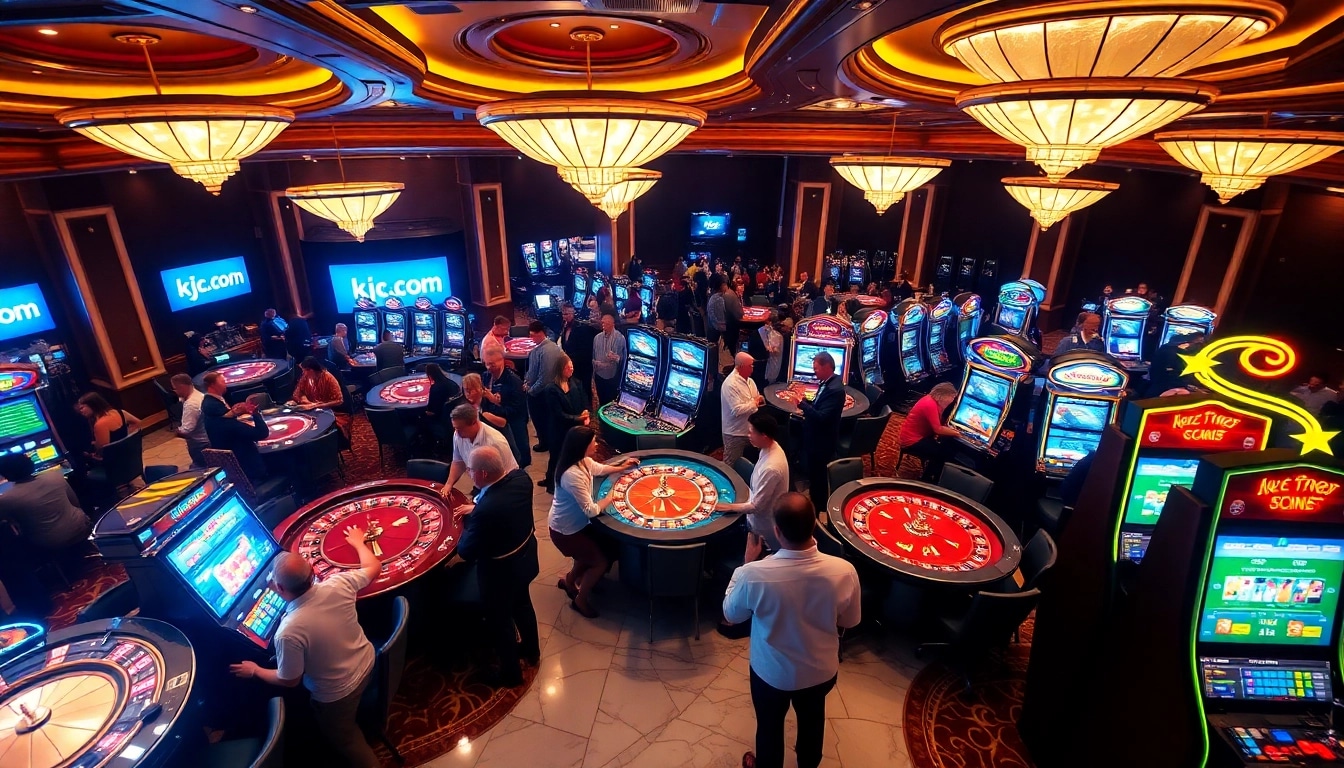 Experience the excitement of gambling at kjc.com with vibrant casino tables and slot machines.