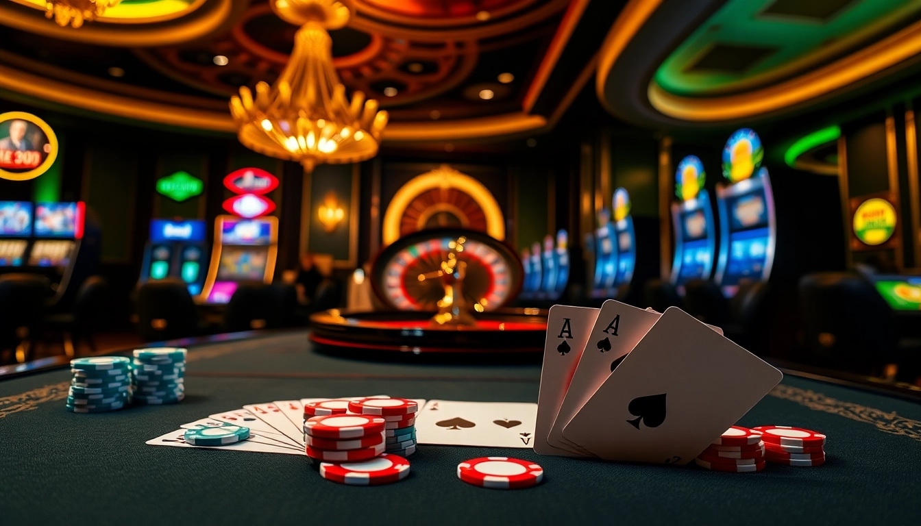 Winvn casino table with vibrant poker chips and cards, capturing the excitement of gambling.