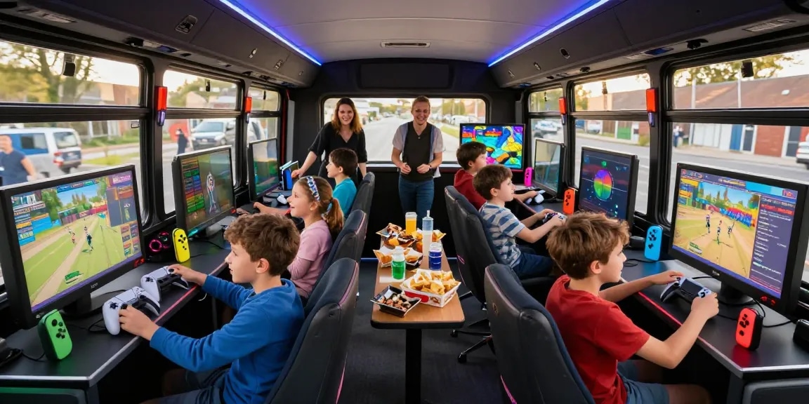 Exciting scene inside the Gaming Bus Colchester with children gaming at individual stations.
