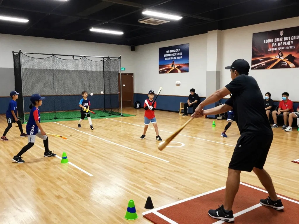 Hitclub baseball training scene with young athletes practicing swings and drills in a vibrant indoor facility