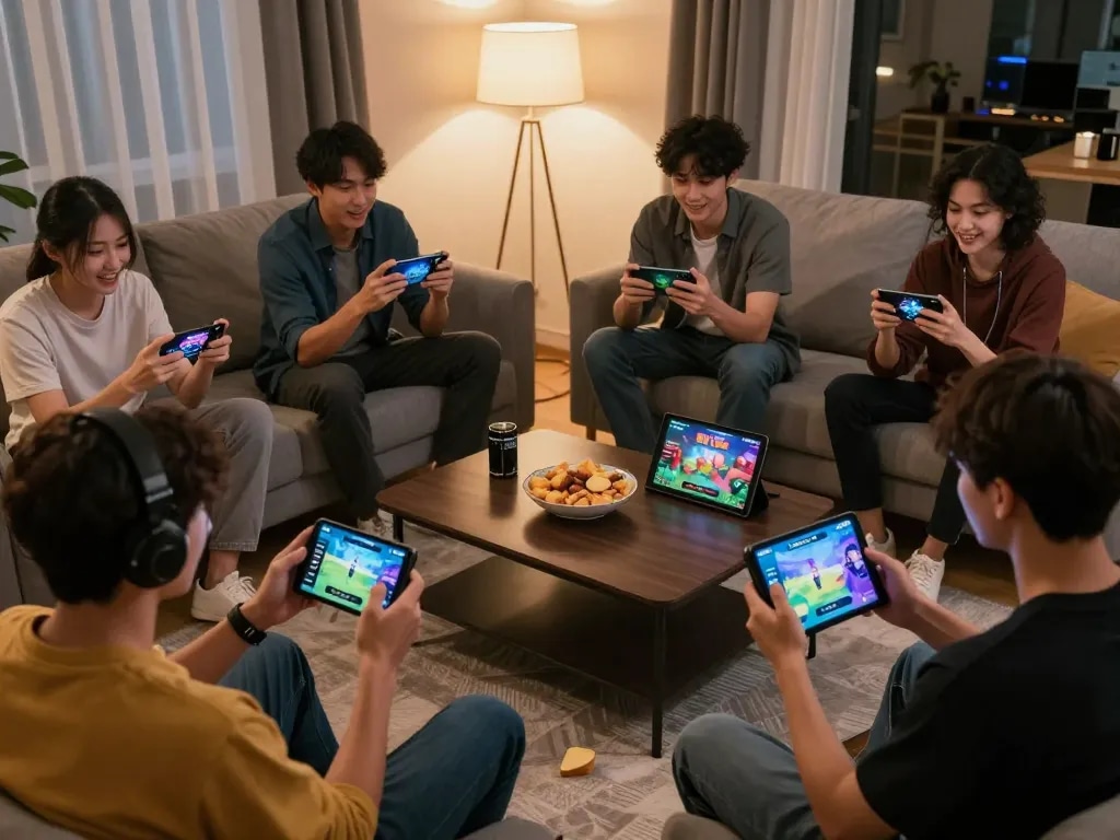 Players intensely enjoying the HIT CLUB gaming app in a cozy home setting, highlighting dynamic online gambling fun.
