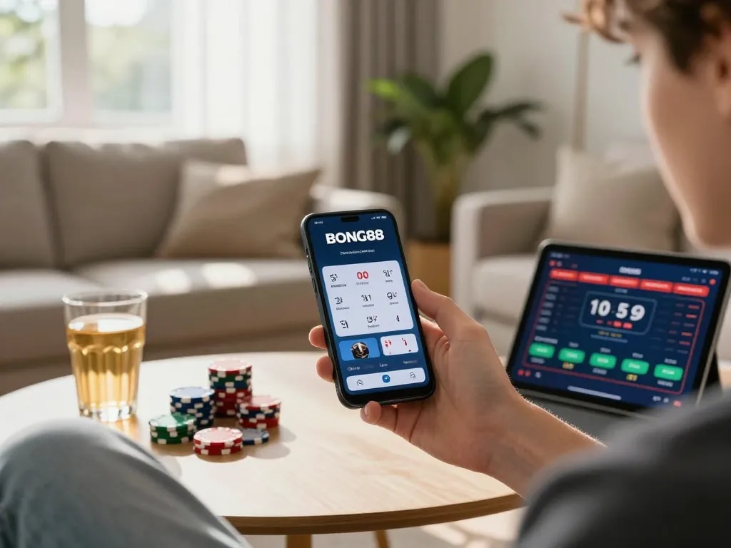 BONG88 mobile user placing bets on sports apps in a stylish home setting.