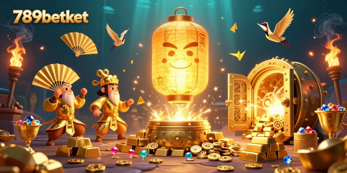 Engage with the vibrant casino scene portrayed in 789betket featuring illuminated golden lanterns and treasure elements.