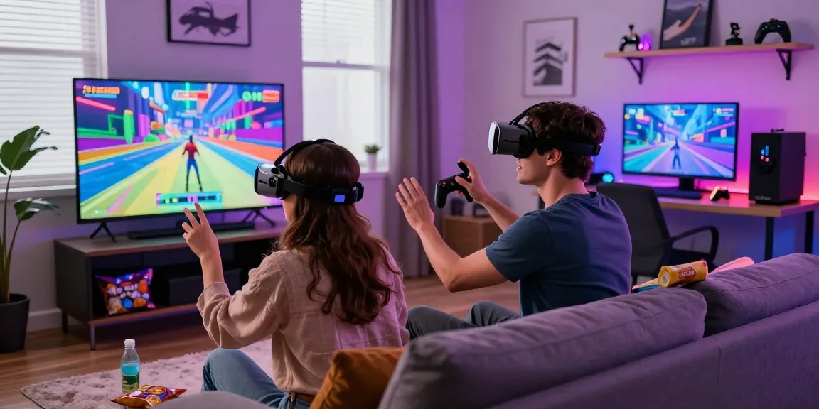 Couple enjoying interactive game sex simulation in cozy home environment.
