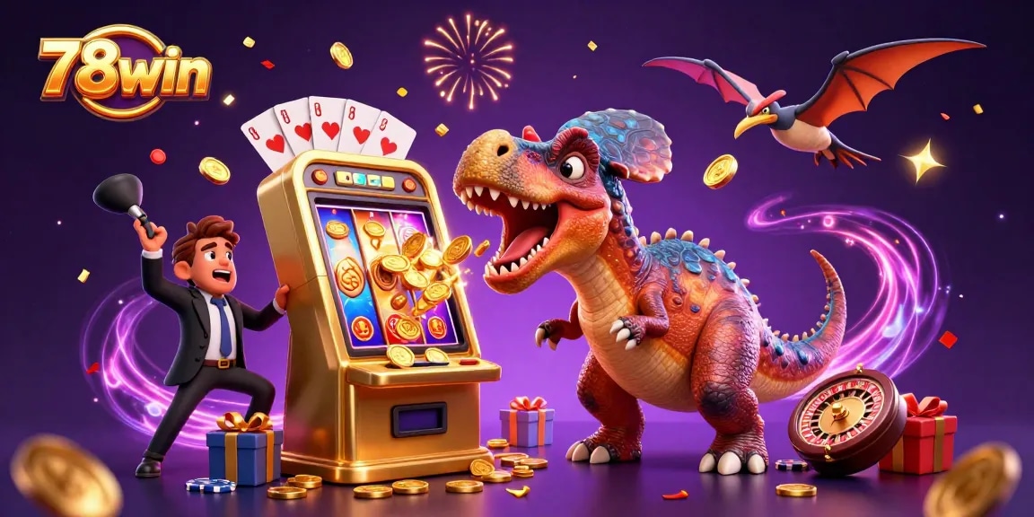 Join the excitement at 78win as a dinosaur wins big from a golden slot machine!