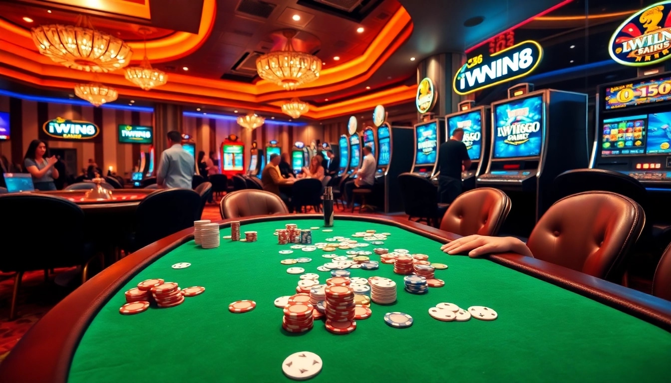 IWIN68 poker game with vibrant chips and cards on a luxurious casino table