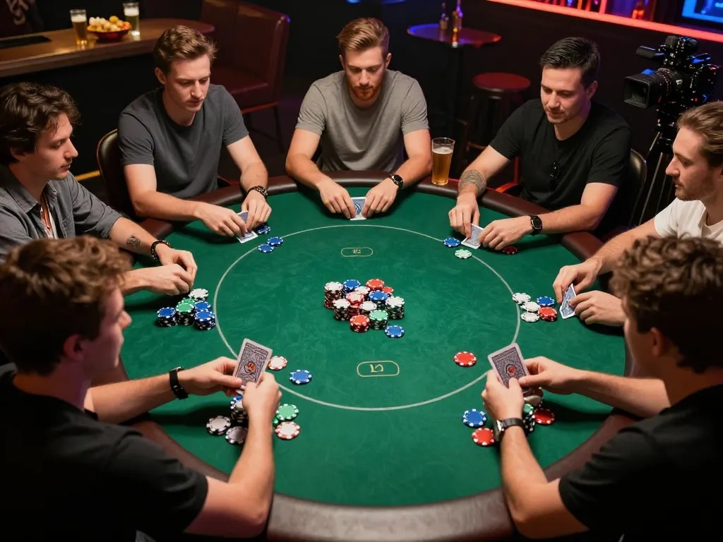 B52Club players strategizing in a vibrant poker game, showcasing chips and cards.
