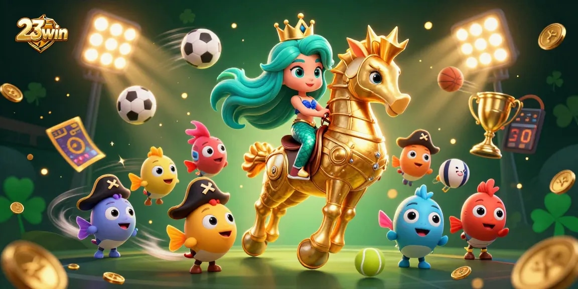 Engage with 23win in this vibrant 3D scene, showcasing thrilling casino gameplay with sparkling treasures.