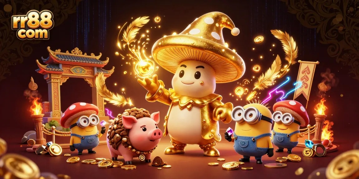 Win big at rr88 com with a vibrant scene showcasing enchanting characters and casino elements.