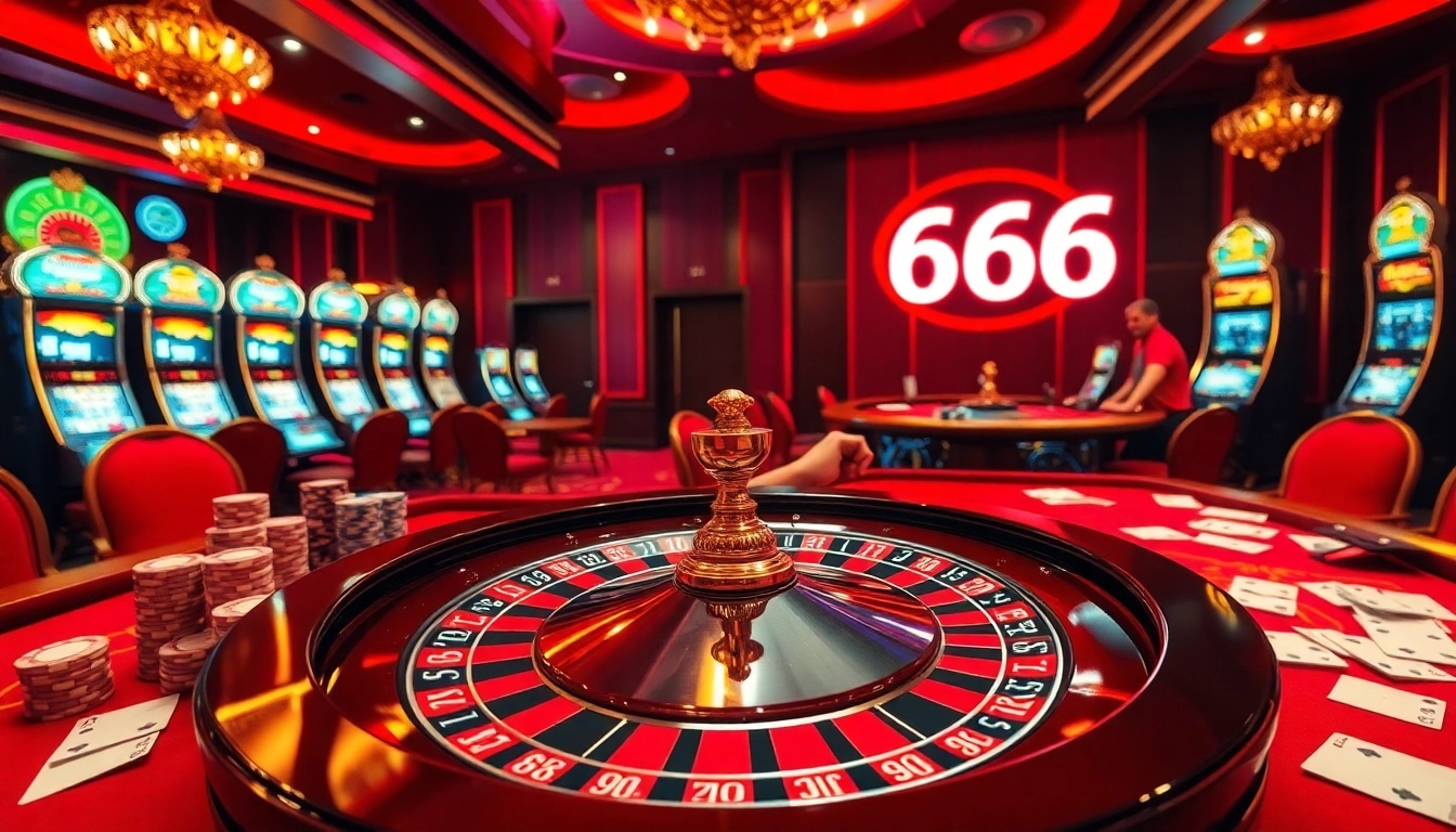 A thrilling casino scene with BDTK66 signage illuminating poker chips and a roulette wheel.