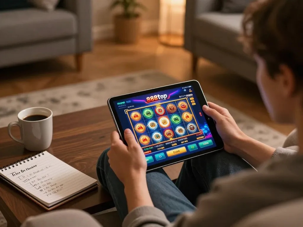 Engaging with 888top casino app, enjoying an online slot game from home with strategy notes.