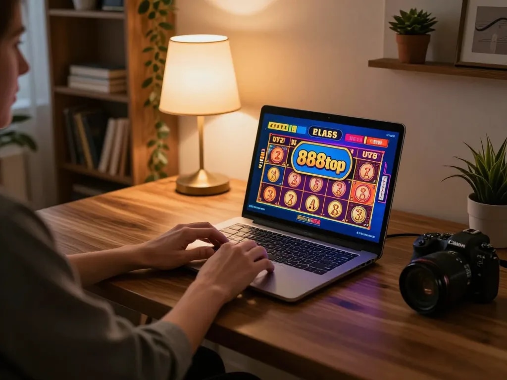 Player engaging with vibrant online slots at 888top, showcasing a cozy gaming atmosphere.