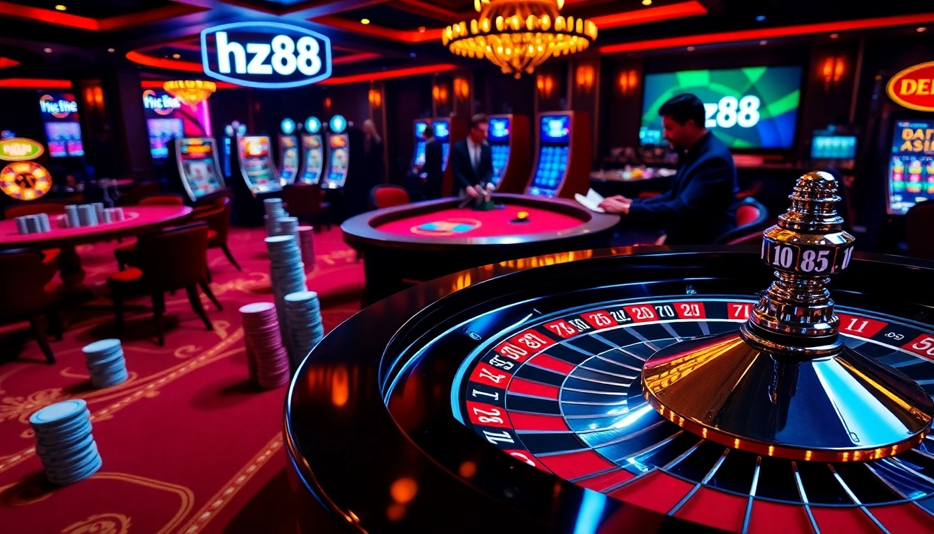 hz88 roulette wheel with chips arranged for high stakes betting in a luxurious casino setting