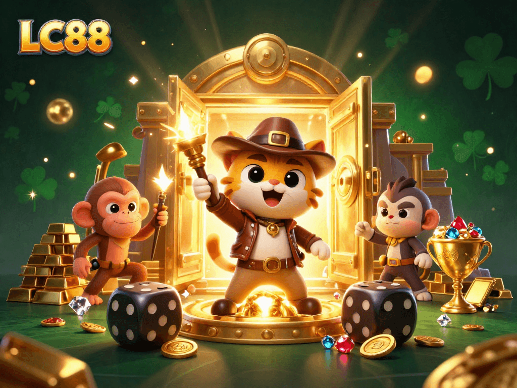 Experience thrilling wins at LC88 with an adventurous cat discovering casino treasures.