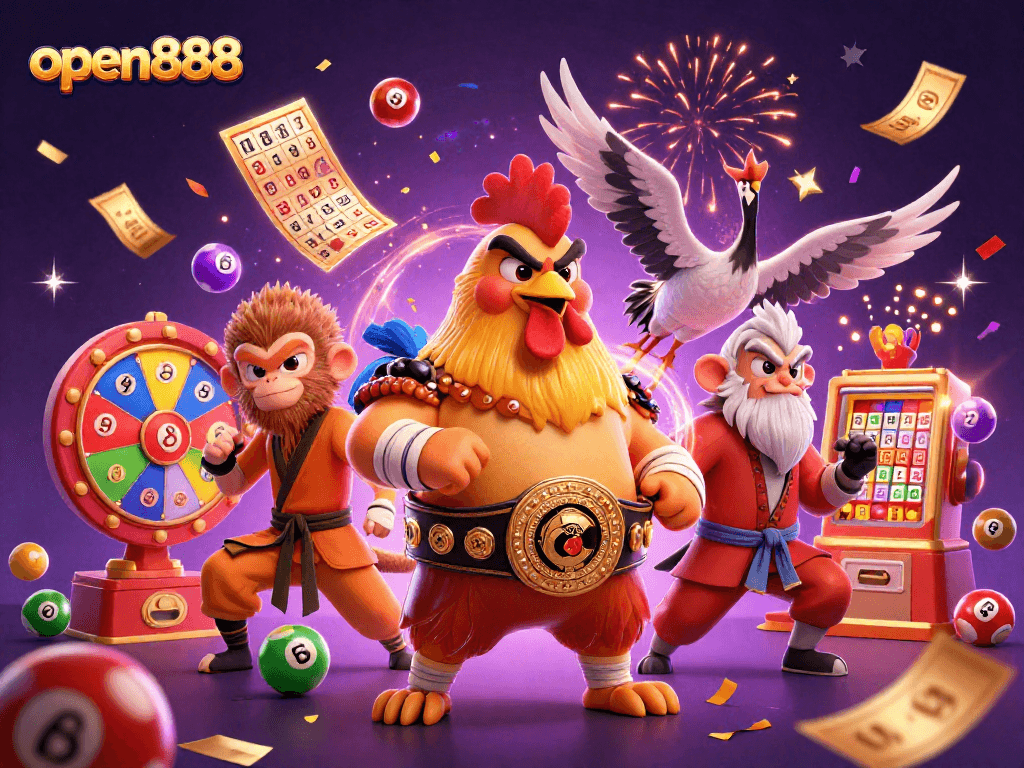 Experience the excitement of open888 with vibrant lottery elements and dynamic characters.