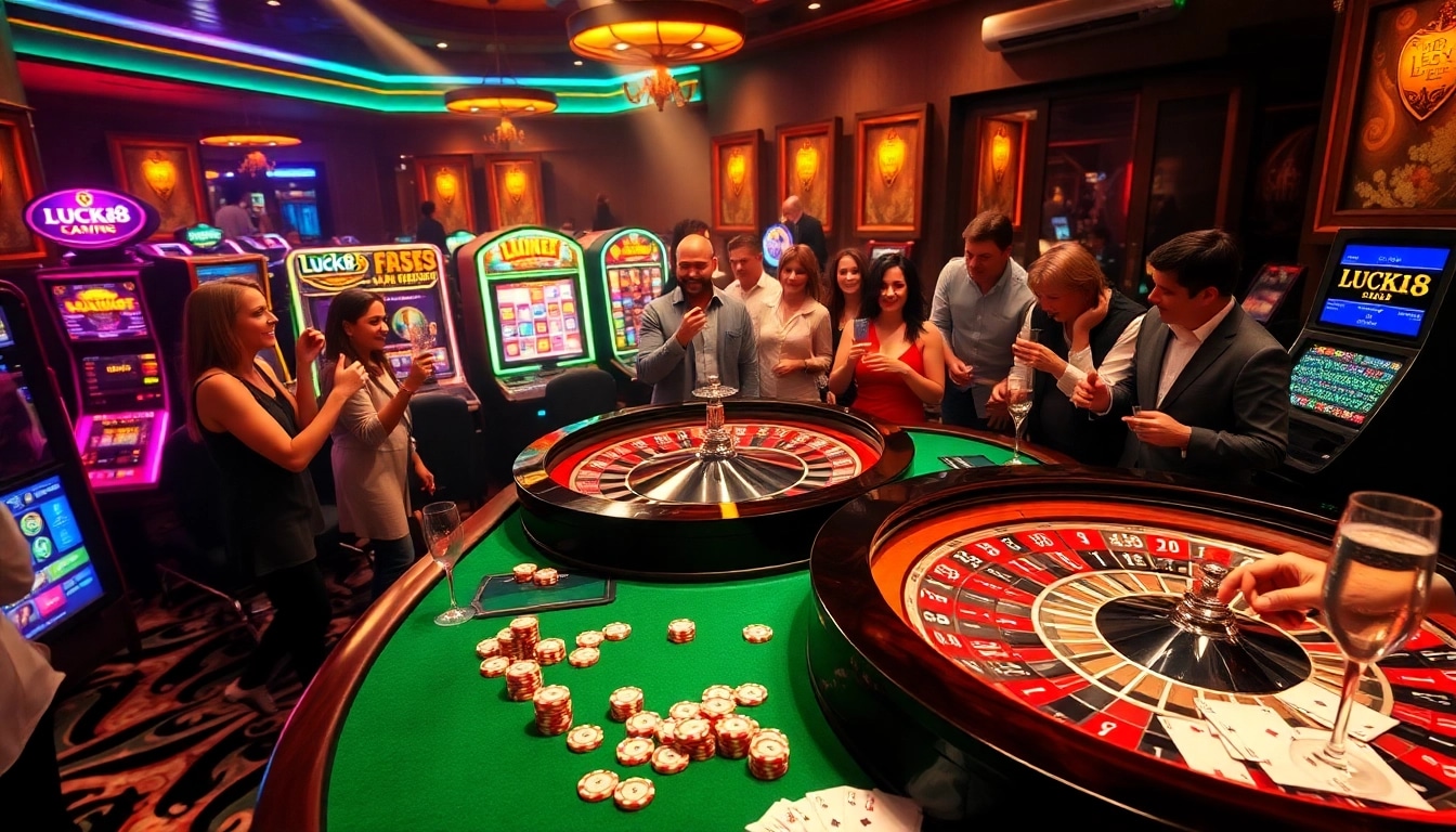 LUCK8 roulette table with excited gamblers and vibrant casino atmosphere.
