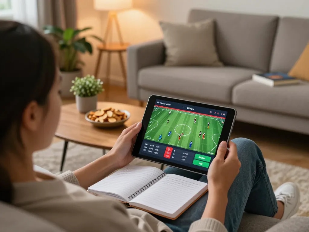 Soi kèo nhà cái with a person engaged in online sports betting using a tablet, creating a strategic atmosphere.