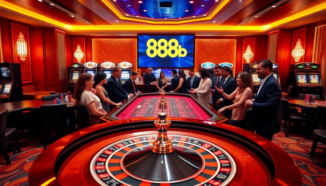 Excited players engaging at a luxurious casino with the 888b logo showcased prominently.