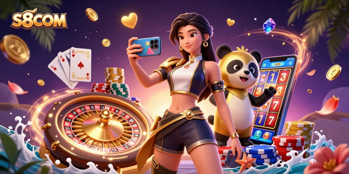S8COM engages players with vibrant casino games showcased in a dynamic 3D scene featuring vivid characters and rich visuals.