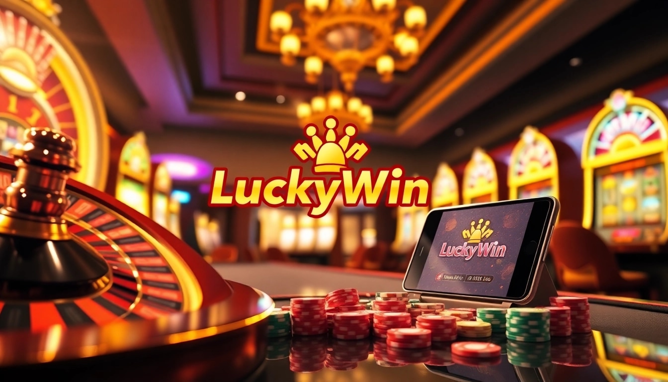 Winning at LuckyWin with vibrant slot machines and a roulette wheel in a luxurious casino setting