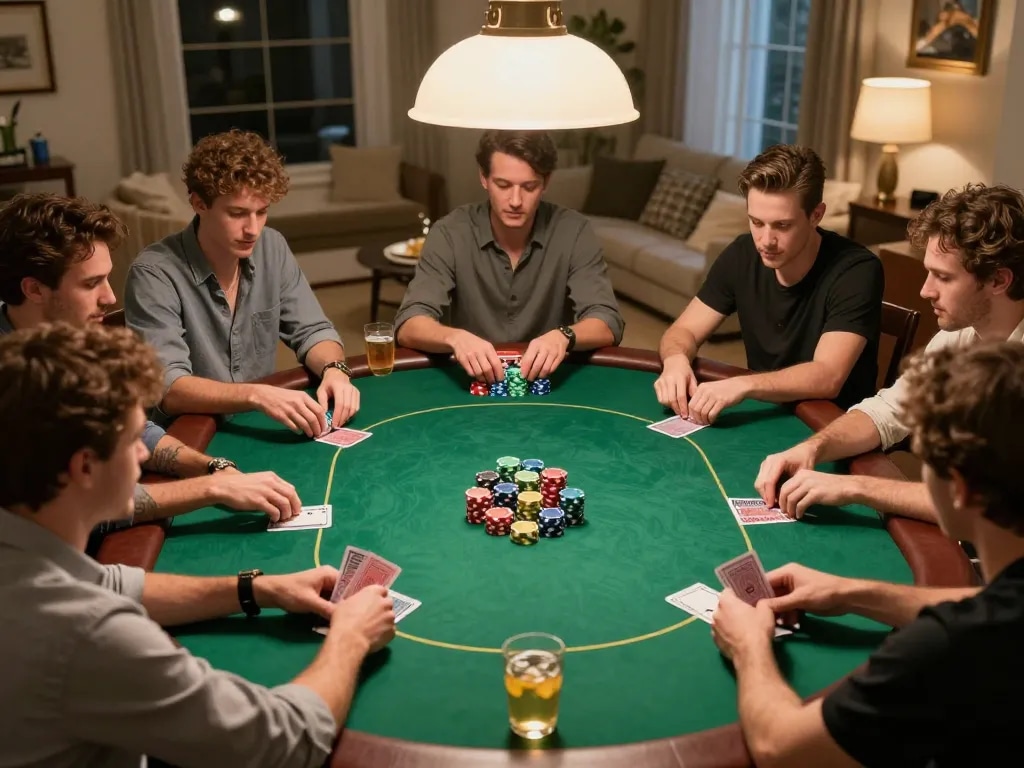Players strategizing their next bet at a home poker night, showcasing the excitement of uu8855 gaming.