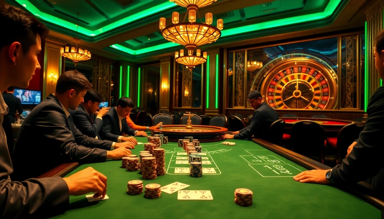 Players enjoy a high-stakes poker game at the Du88 casino table, surrounded by chips and cards.
