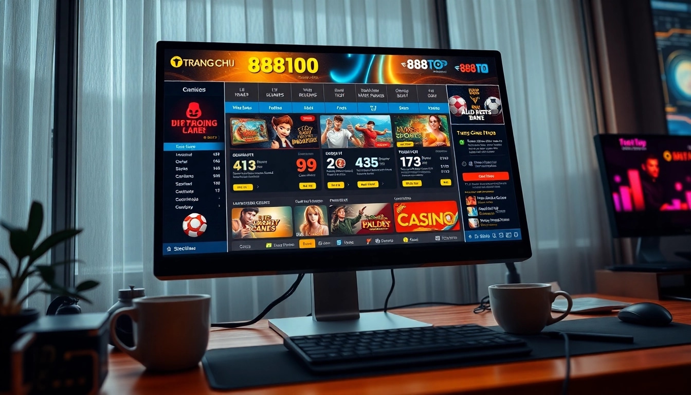 Engaging visual of Trang Chủ 888TOP online betting platform showcasing dynamic casino games and sports betting interface.